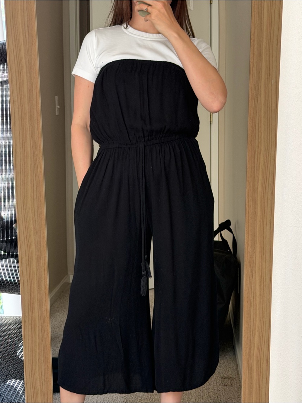 Elan Black Strapless Wide-Leg Jumpsuit with Drawstring Waist